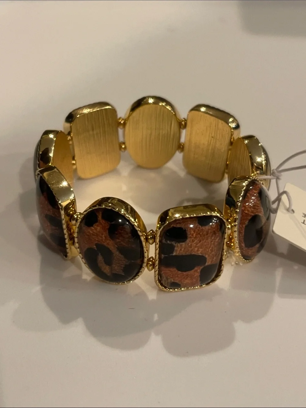Gold-Tone Bracelet with Brown Leopard-Print Accents - stretchy bracelet